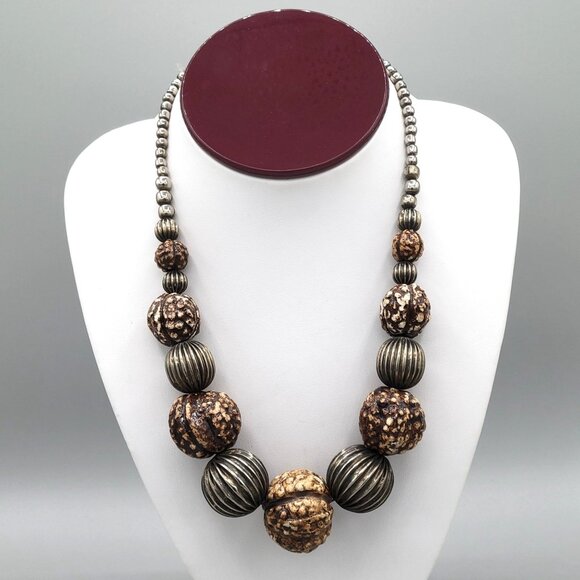 Chunky Large Brown Beaded Boho Necklace Textured Silver Beads Artisan Made 16" - Picture 2 of 9